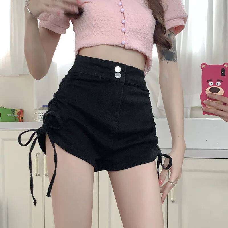 High Waist Jean Women Draw String Denim Patchwork Loose Shorts Zipper Fly Buttons Spliced Casual Summer Pockets H260209-image-1094701126