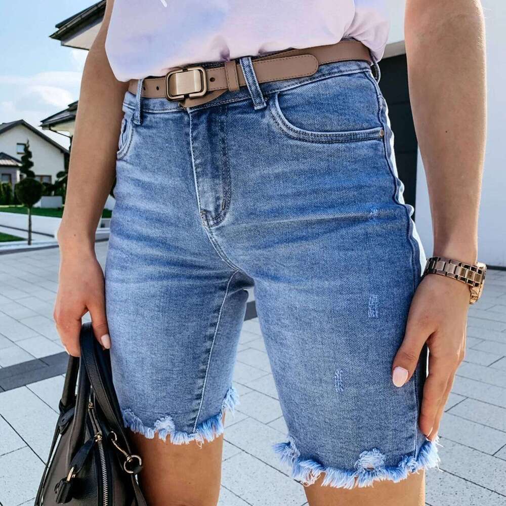 Summer New Fringed Design Mid-length Jeans. Ladies' Street Fashionable Washed Ripped, Slim-fit Straight Leg Casual Denim Shorts H260209-image-1094703808