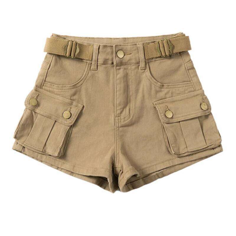 American Vintage Belt Trim High Waist Large Pockets Cargo Women A-line Long Legs Khaki Casual Shorts Hot Short Pant Chic H260209-image-1094703413