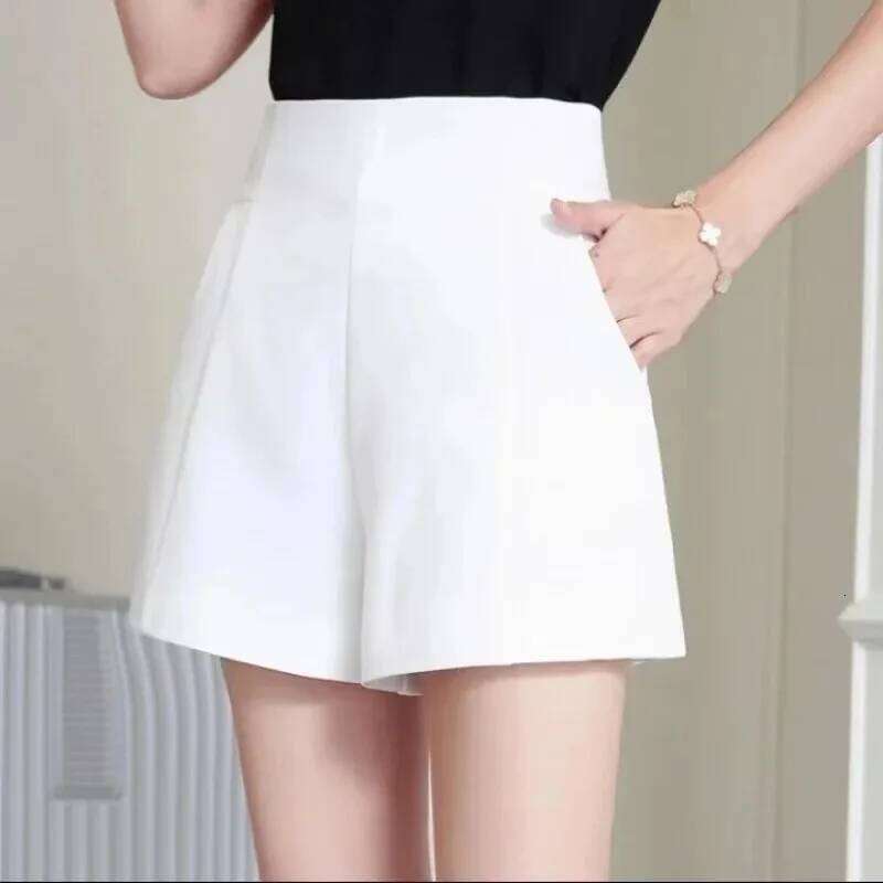 Women Spring Summer Casual High Waist A-line Loose Wide Leg Chic Lady Black White Suit Shorts H260209-image-1094699841