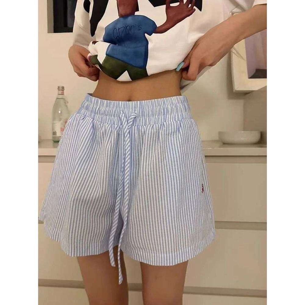 HOUZHOU Y2k Striped for Women Harajuku Blue Baggy Elastic Waist Short Pants Korean Style Casual Fashion Retro Shorts H260209-image-1094698074