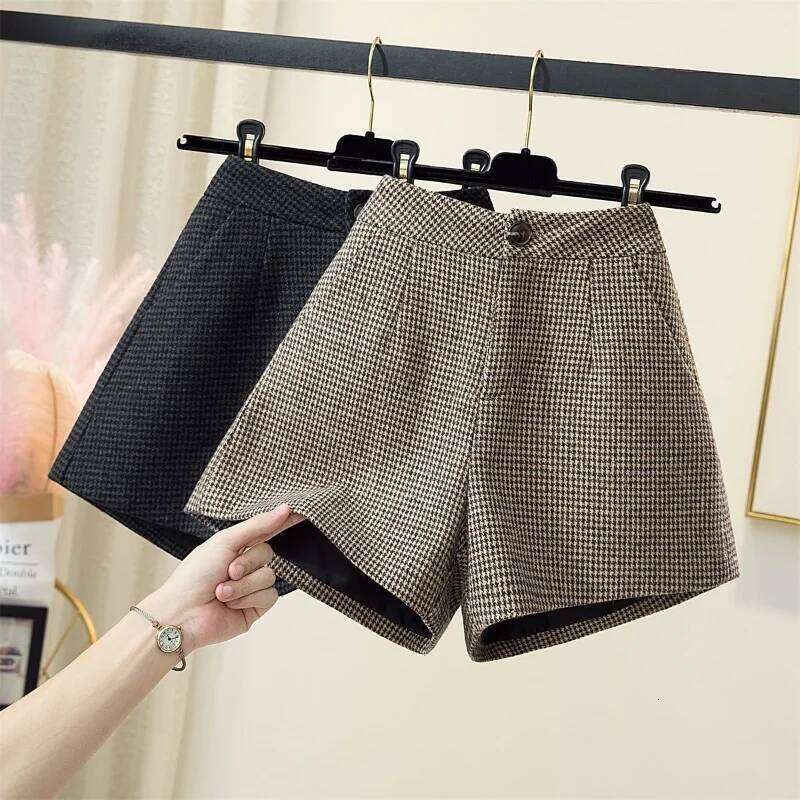 Wool Houndstooth For Women Autumn Winter New Arrival High Waist A Line Wide Leg Slim Fit Outerwear Boot Shorts H260209-image-1094705438