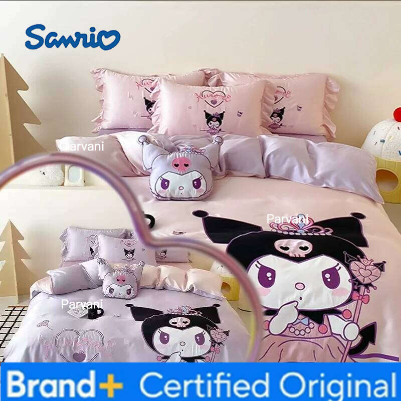 Sanrio Tencel Four Cartoon Kuromi Three Piece Set Summer Ice Silk Quilt Cover Bed Sheet Bedding Send a pillow H260209