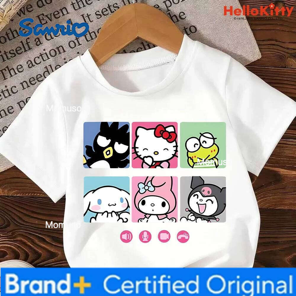 Sanrio 2026 Cute Hello Kitty T-Shirt Set Kids Girls Summer Y2K Loose Short Sleeve Top Female Dark Print Sweet Harajuku Clothes H260209