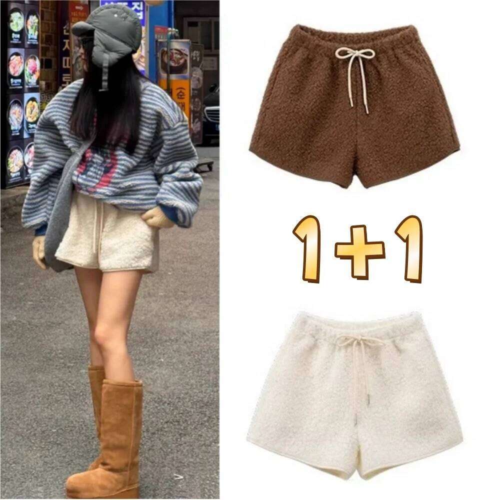 2Pcs Women Winter High Waist Sherpa Fashion Warm Petite Hot Pants Slim Fit A Line Casual Shorts H260209-image-1094705368