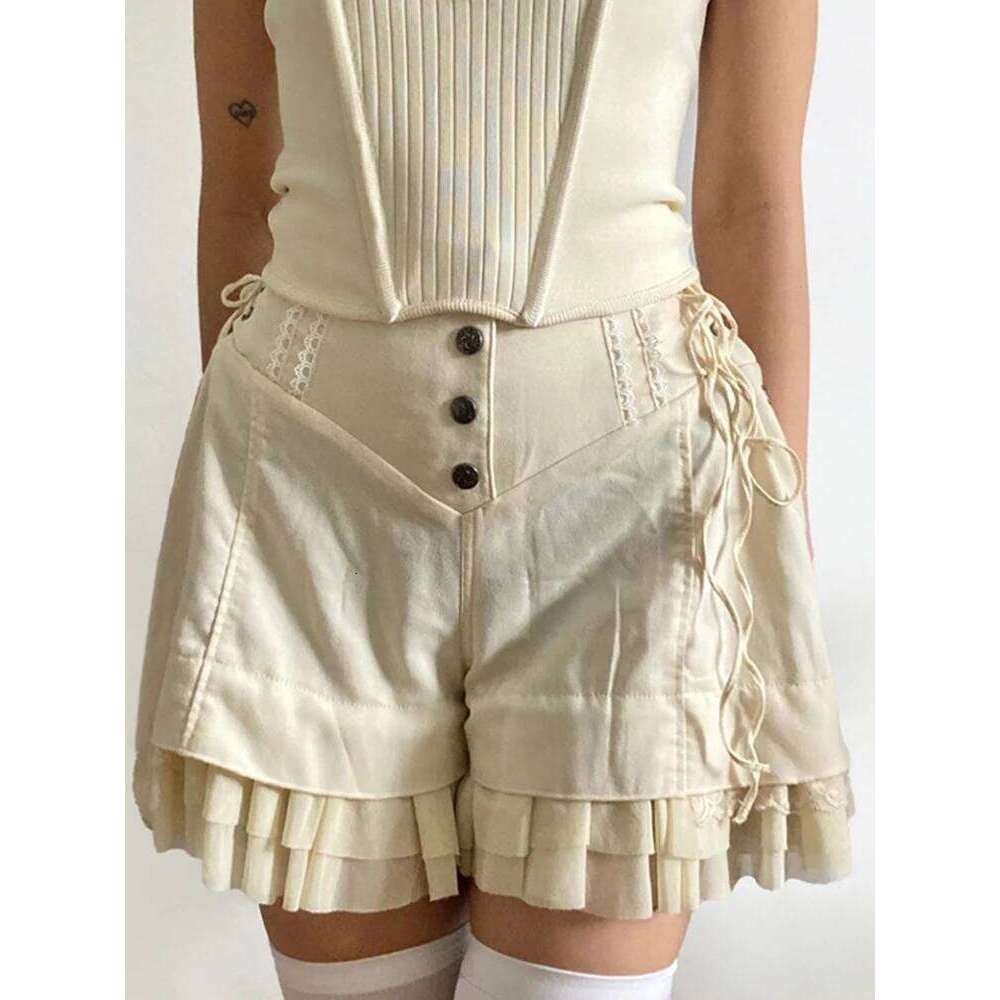Y2K Fairycore Vintage 2000S High Waist Baggy Ruffles Pants Side Bandage Button Up Casual Women Shorts H260209-image-1094707764