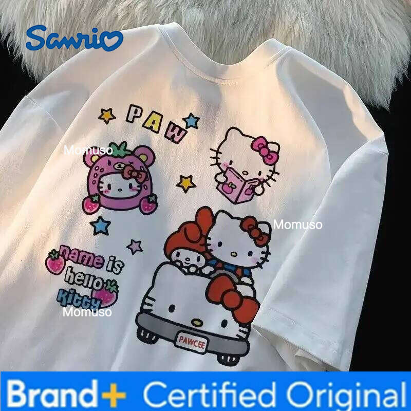 Sanrio Street Ride Edition Hellokitty Printed Women T-Shirt Sweet And Girl Like Loose Korean Version Aging Top Pure Cotton Fashion Item H260209-image-1095208197