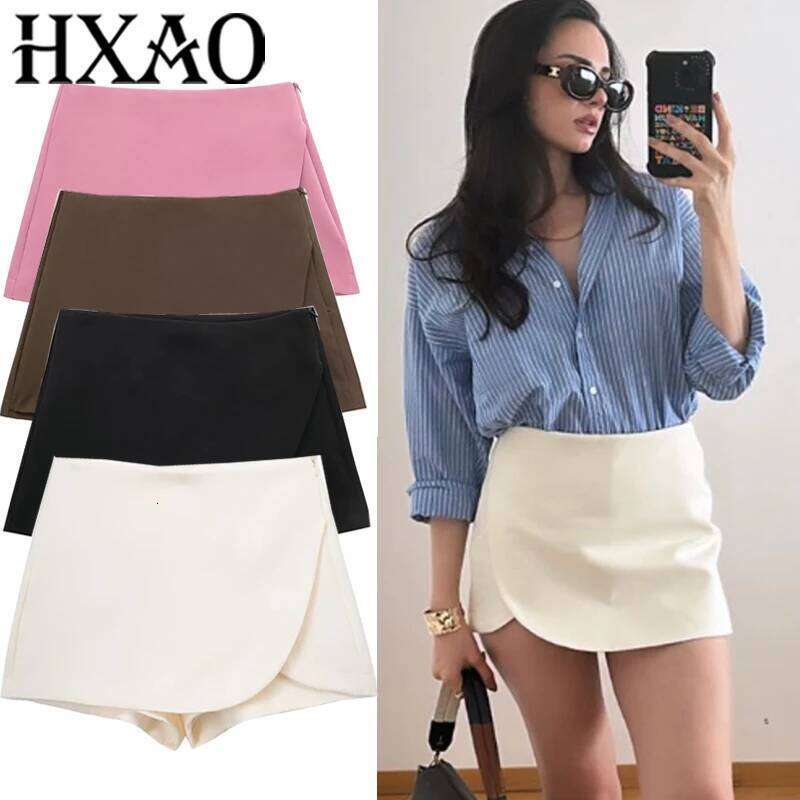 HXAO Woman Summer Asymmetrical Beige Black Pants Office High Waist Skort Women Pink Brown Skirt With Shorts H260209-image-1094697766