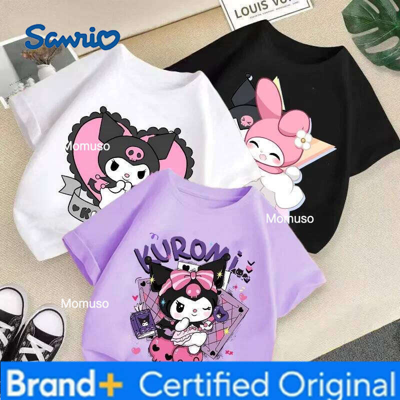 Sanrio Kuromi Magic Print T-shirt d'été pour enfants mignon pur coton Kawaii s fille haute qualité tendance mode enfant hauts cadeau H2602091