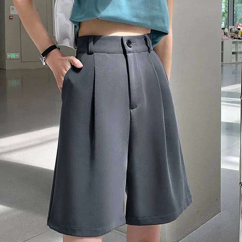 Solid Pleated Suit for Women Elastic Waist Loose Straight Shorts Summer Office Ladies Short Wide-Leg Pants Female H260209-image-1094704820