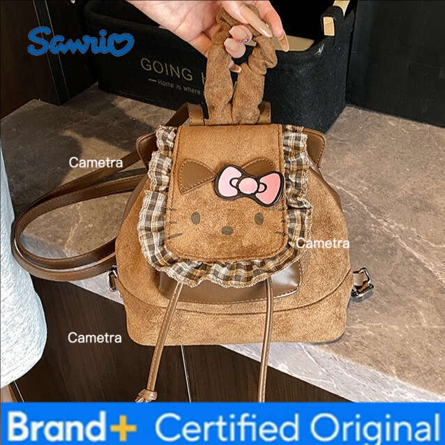 Sanrio Vintage 2025 Autumn Winter New Korean Fashion Children's Lace Trim Cat Drawstring Flap Backpack H260209