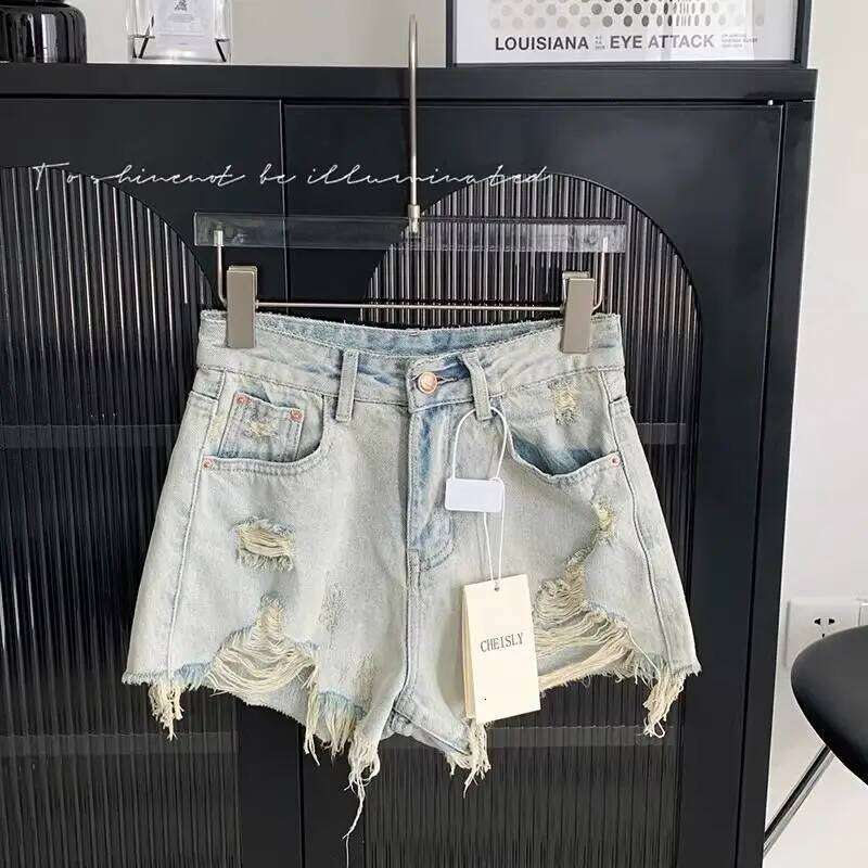 Ripped Denim Women 2026 Summer New Sexy Hole Wide-leg Jeans A-shaped Hot Pants High Waisted Shorts H260209-image-1094702419
