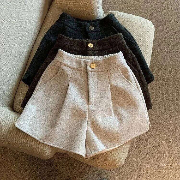 Autumn Winter Shorts Women Simple Solid Pocket High Waist Split Wide Leg Short Pants Retro Fashion Versatile Ropa Mujer H260209-image-1094704401