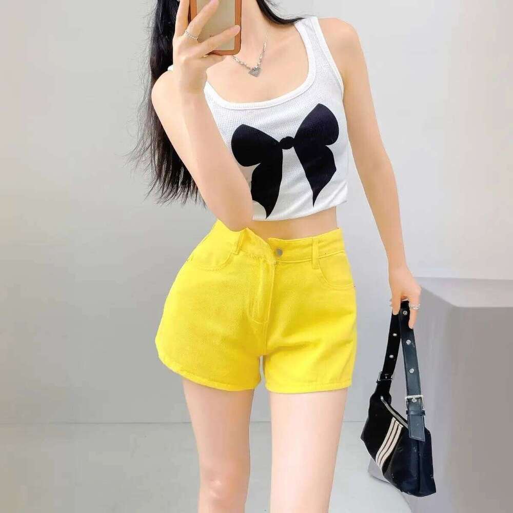 Summer Denim Shorts Women Lemon Yellow A-shaped Wide Leg Curled Jeans Hot Pants H260209-image-1094705577