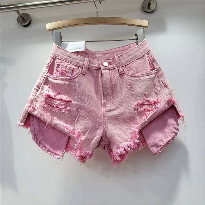 2026 Summer New Women's Pink Hole Denim High Waist Slimming Spicy Girl A-line Ragged Edge Shorts H260209-image-1094702172