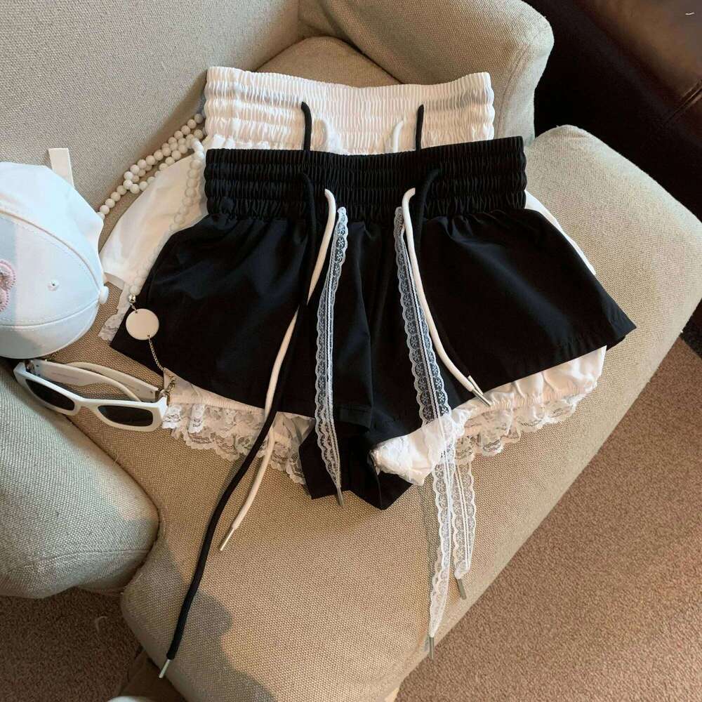 Women's Patchwork Fake Two-piece Lace High Elastic Waist Drawstring A-shaped Casual Shorts Pants H260209-image-1094698586
