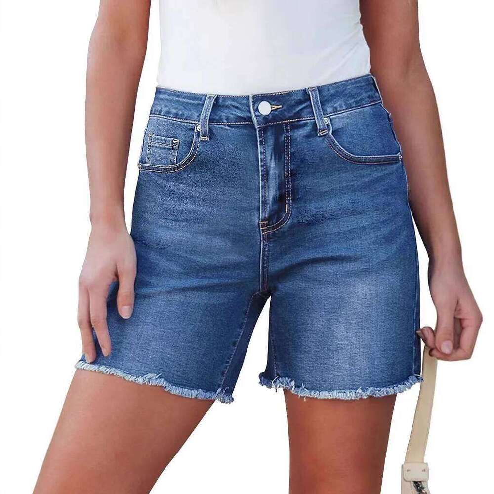 Denim Shorts Distressed Women Jean High Waist Trousers Knee Length Spliced Zipper Fly Washed Solid Pockets Casual Summer H260209-image-1094699945