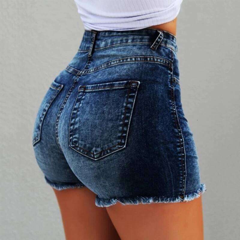 Hot-selling Women's Denim Shorts with Fringe Ripped High-waist Jeans Hot Pants H260209-image-1094701991