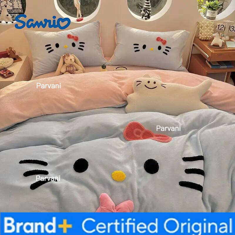 Sanrio INS KT CAT Milk Four-piece Farai Coral Fleece Quilt Cover Bed Sheet Three-piece Set H260209-image-1095232076