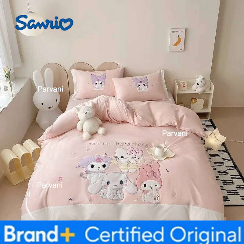 Sanrio 100%Cotton Embroidery Bedding Set Kuromi Mymelody Duvet Cover Bed Sheet Pillowcase Girl King Queen Twin Size Home Textile H2602091-image-1095307507