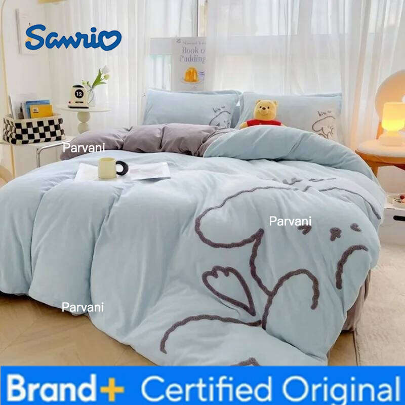 Sanrio 2024 new towel sticker embroidered milk fleece four-piece set thickened 220g winter warm bed sheet kit H2602091-image-1095307579