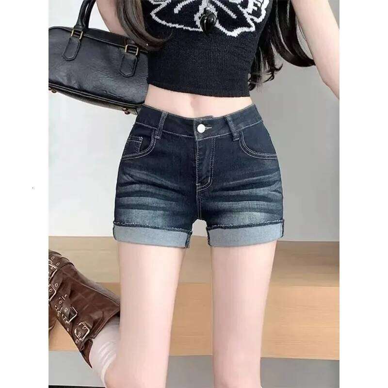 Curled Cuffed Denim for Women Summer Retro Low-waisted Tight Elastic Hot Pants Super Shorts H260209-image-1094704731