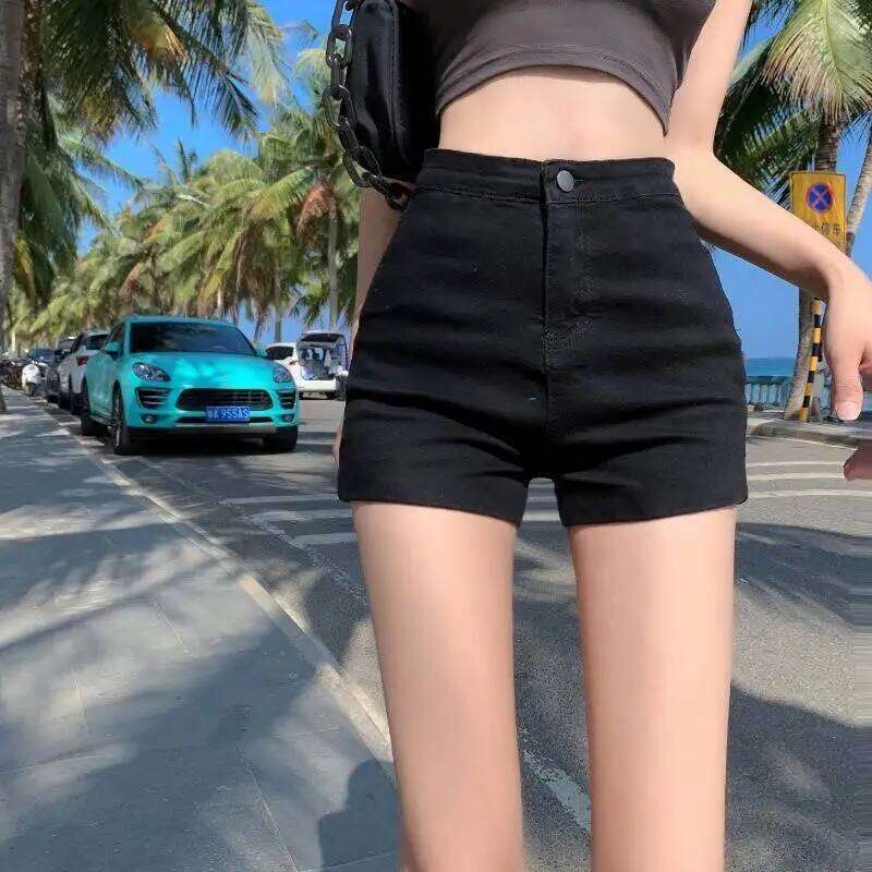 Summer New High Waisted Black Slim Spicy Girl A-line Denim Women Button Zippered Pocket Elasticity Sexy Buttocks Shorts H260209-image-1094705586