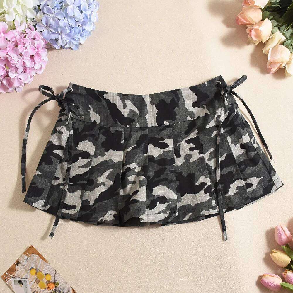 Sexy Camouflage Pleated Short Women 2026 New Strap Zipper Low Waist Y2k Skirt H260209-image-1094700917