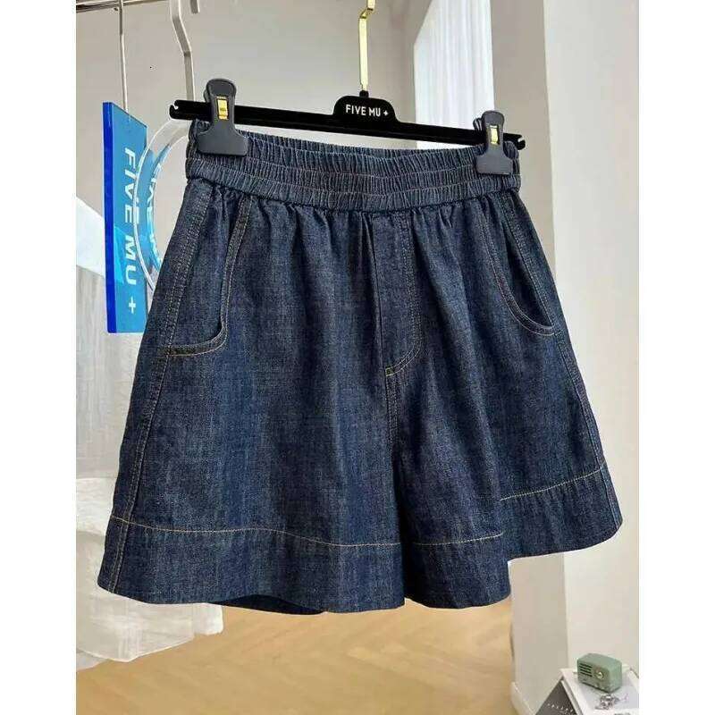Women's Casual Elastic Waist Denim Vintage Summer Loose Straight A-line Jean Shorts H260209-image-1094706079