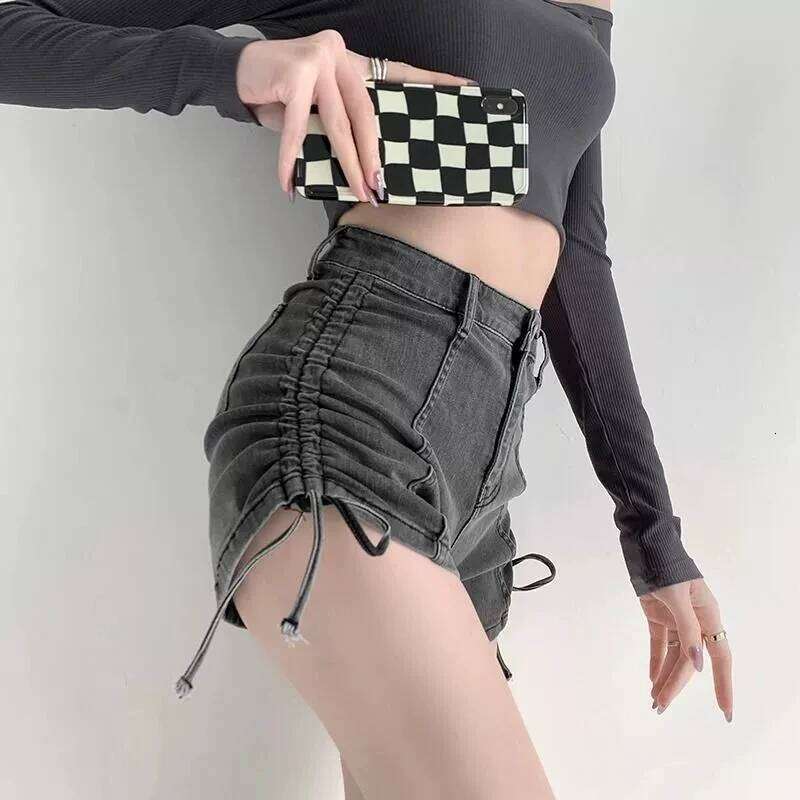 High Waist Denim Shorts Female Summer Stretch Jean Slim Show Thin Wide Leg all Match Design Feeling Side Pull Rope Hot Pants H260209-image-1094704034