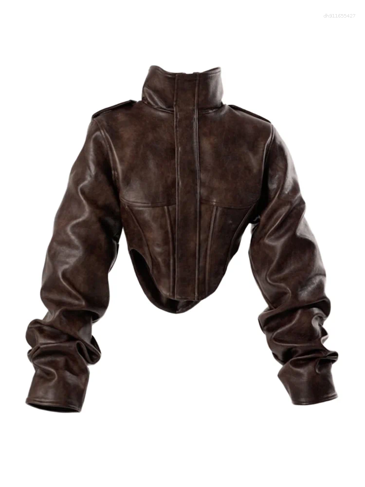 Women's Jackets PU Leather Stand Neck Short Jacket Women Vintage Chic Solid Single Breasted Slim Female Autumn Classic Street Outwear