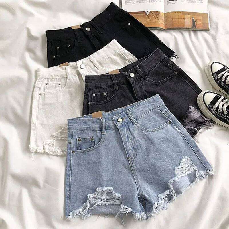 Lucyever Summer Denim Shorts Women Korean Fashion Ripped Holes High Waist Jeans Female Casual Street Wide Leg Short Pants H260209-image-1094707897