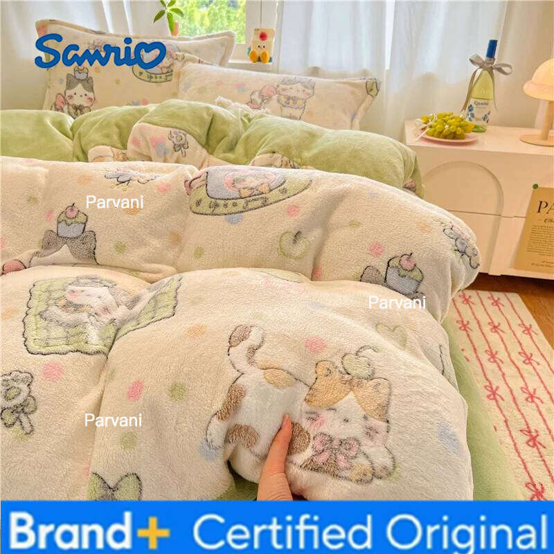 Sanrio 1pc Coral Fleece Duvet Cover Cat Printed Thick Warm housse de couette for Winter Cartoon Style Single/Queen/King dekbedovertrek H260209-image-1095232239