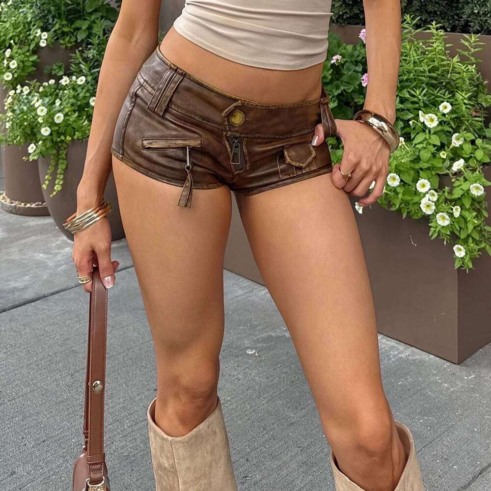Street Style Spice Girls Fashion New Sexy Brown Pu Leather Super Shorts Women Low Waist Tight Hip Wrap Hot Pants H260209-image-1094707383