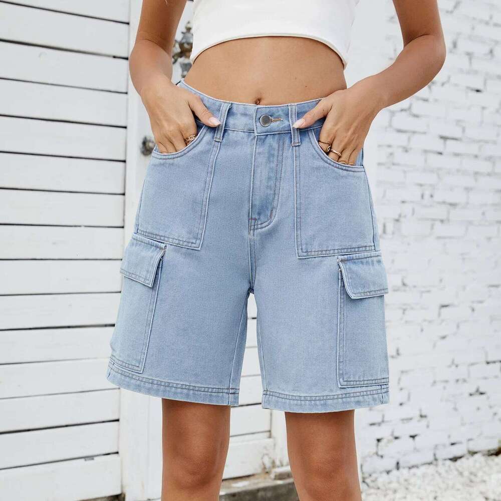 Shorts Cargo Pants Women Jeans Mid Waist Distressed Washed Multiple Pockets Straight Knee Length Streetwear Denim Short Trousers H260209-image-1094706053