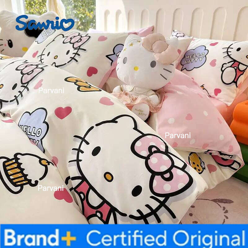 Sanrio Genuine Cartoon Hello Kitty 100% Cotton 4pcs Children's KT Bed Sheet Quilt Cover Pillowcase 3pcs Set H260209-image-1095232026