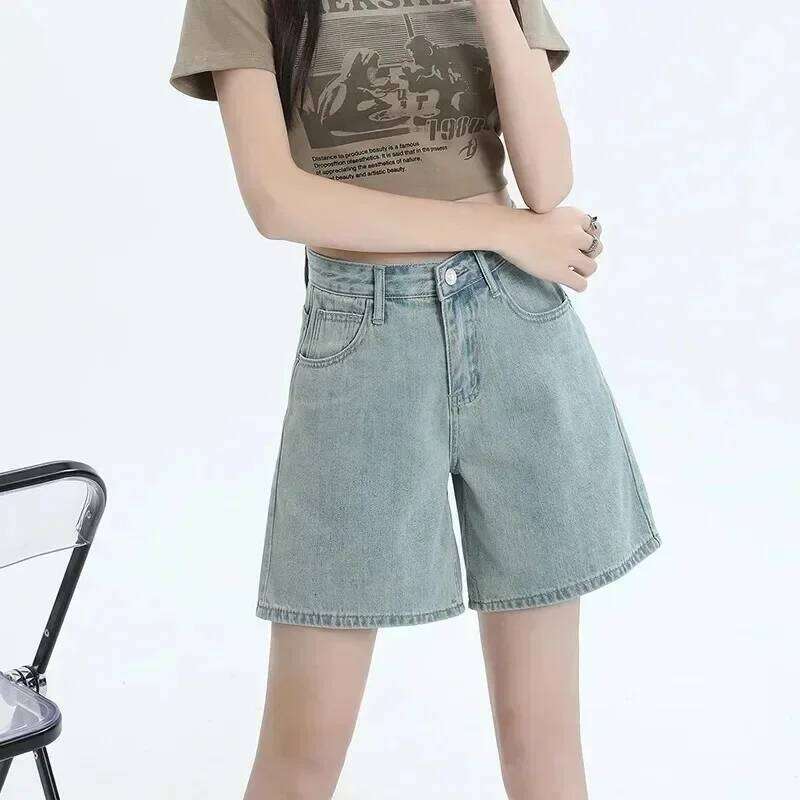 Niche Retro Design Sense High-waisted Denim Shorts. New Summer Loose Simple Comfortable A-line Wide-leg Short Jeans for Women H260209-image-1094705509