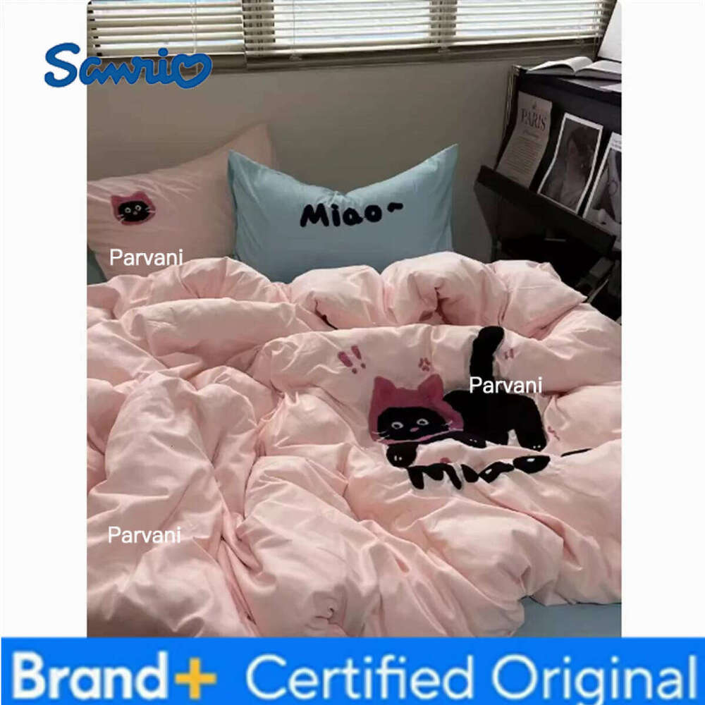 Sanrio INS Cute Cat Style Bedding Sets Ruffle Bow Quilt Romantic Bedclothes Decor Woman Girls Bedroom Duvet Cover 4pcs H260209-image-1095232345
