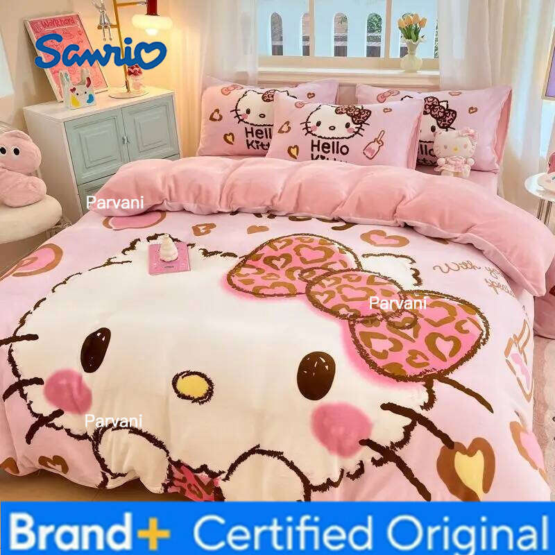 Sanrio Milk Fleece 4-piece Cute Kitty Thickened 3kg Quilt Cover Bed Sheet Pillowcase Children's 3-piece Set H260209-image-1095232080