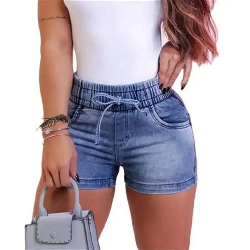 Women Stretch Lace-up Elastic Waist Denim Shorts Summer High-Waist Three Quarter Pants Female Casual Mini Tight Straight Jeans 4 H260209-image-1094708000