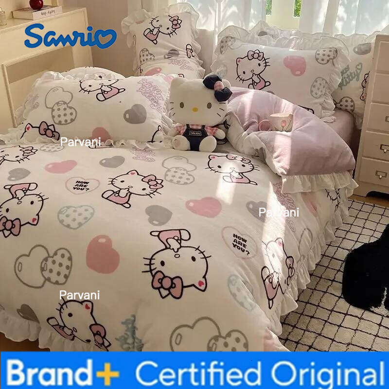 Sanrio Hello Kitty Kuromi cartoon cute warm plus velvet lace four-piece set creative student children's bed sheet quilt cover H260209-image-1095232022