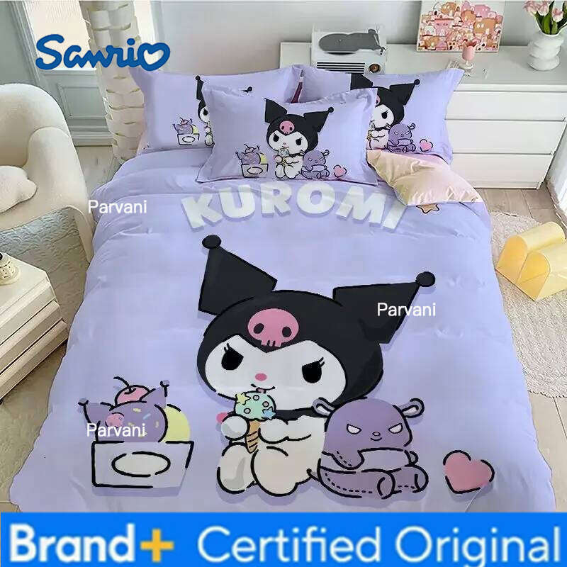 Sanrio 100% Cotton Cute Kuromi Children's Quilt Cover Sheets Pillowcases Bedding 3-piece Cartoon Girl Four-piece Set H2602091-image-1095307611