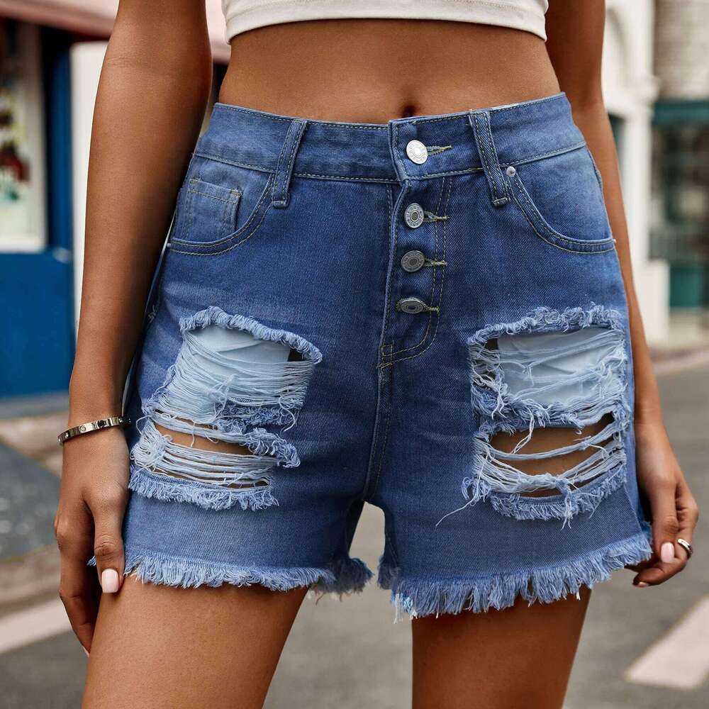 New Personality Washed Ripped Denim Shorts. Ladies Summer Fashion A Row of Buttons Rough Edge Design Casual High-waisted Shorts H260209-image-1094703388