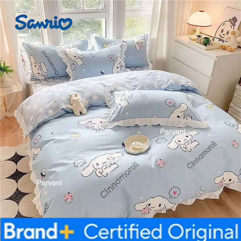 Sanrio Kuromi Cinnamoroll My melody Korean version sweet cartoon lace style pure cotton bed sheet quilt cover three-piece set H260209-image-1095232233