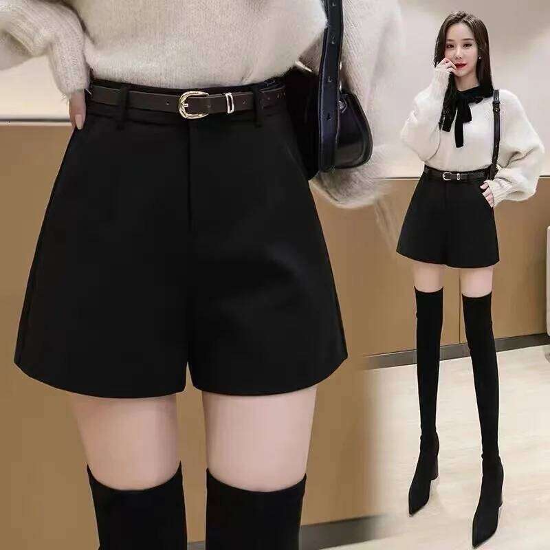 Woolen shorts for women in autumn winter, high waisted wide leg 2025 new slimming bottom boots and pants H260209-image-1094698474
