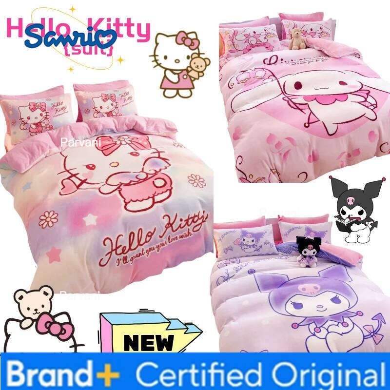 Sanrio New Hello Kitty My Melody Cinnamoroll cartoon print autumn winter bedroom dormitory high-quality bed sheet and quilt cover set H2602091-image-1095307617
