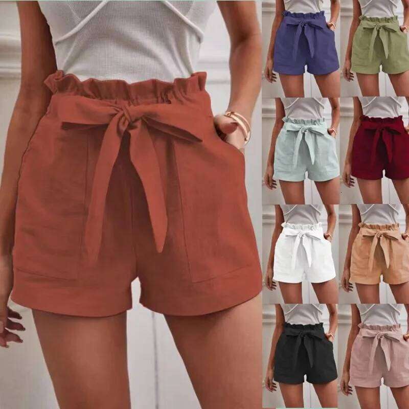 Europe and America Cross border New Summer Women's Loose Linen Casual Shorts Pockets Solid Large High Waist Wide Leg Pants H260209-image-1094706487