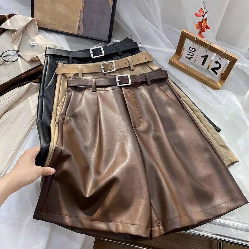 Vintage Pu Leather Women Autumn Loose with Belt Wide Leg Shorts Y2K High Waist Streetwear All-Match Knee Length Pants H260209-image-1094706955
