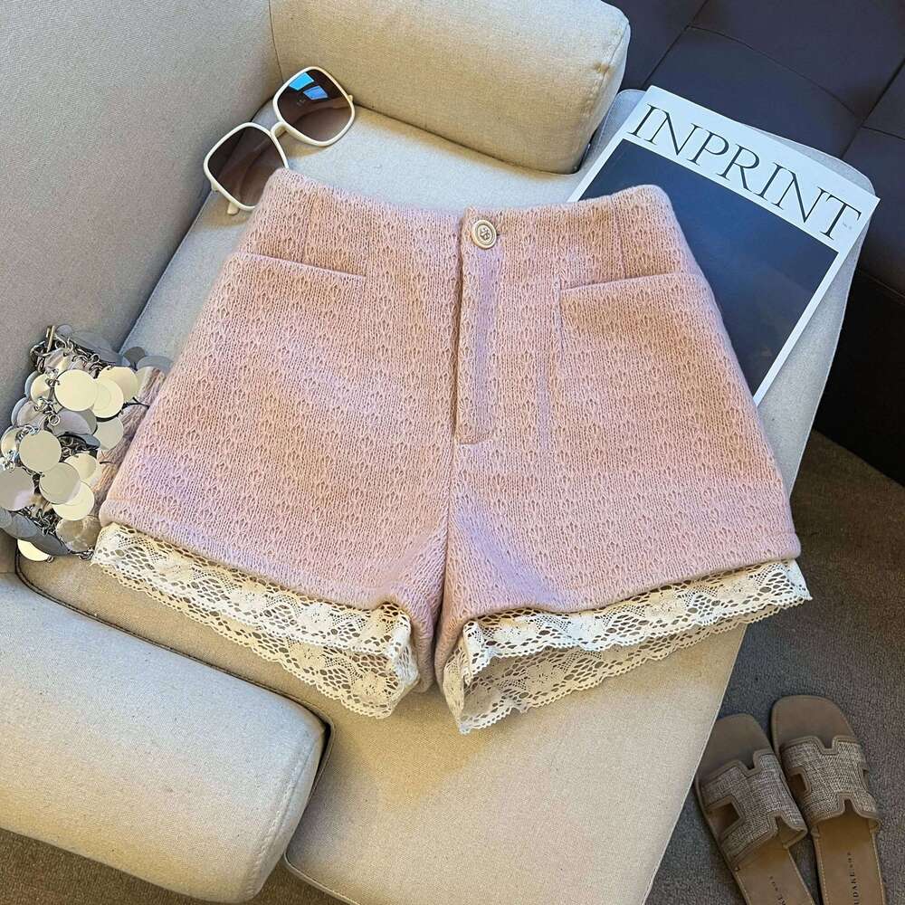 Women's Autumn Winter Elegant Lace Hem Shorts Lady Lovely Pink High Waist A Line Wide Leg Tweed Short Pants H260209-image-1094700574
