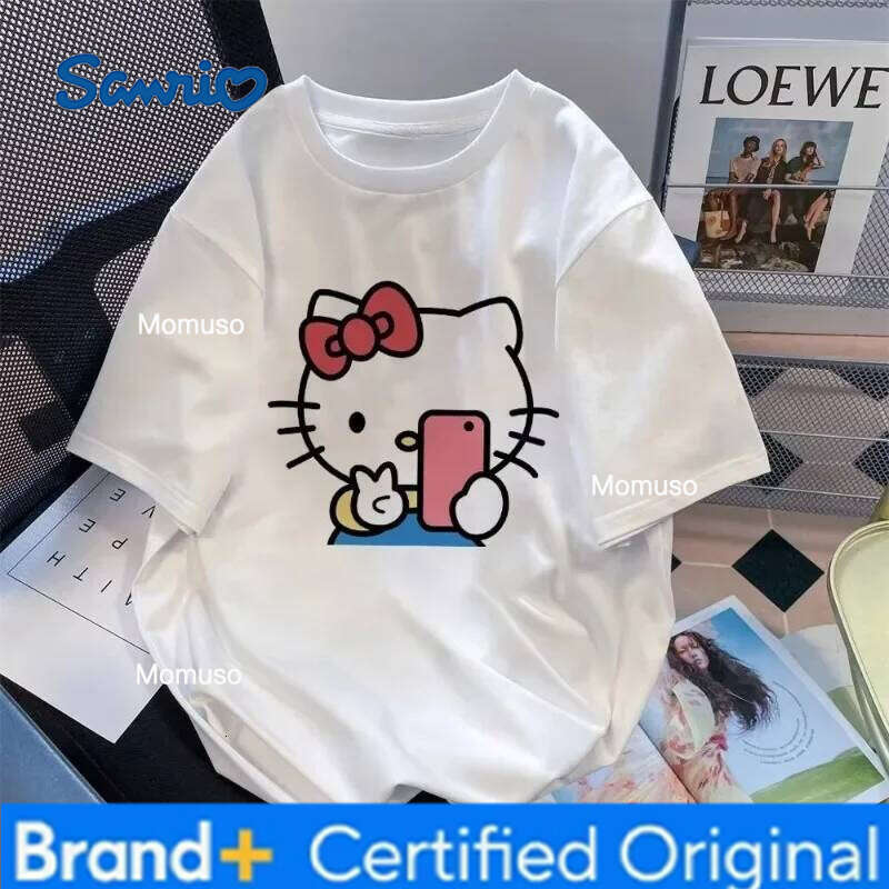 Sanrio Disney Cute Cartoon Kitty Cat Cotton Short-sleeved T-shirt Men's and Women's Summer Printing Versatile Casual Loose Top Clothing-image-1095208593